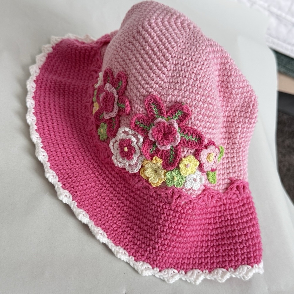 Hand & Heart Hand Crocheted Hat Pink Floral Spring Easter Toddler Girl‎ - Picture 4 of 7